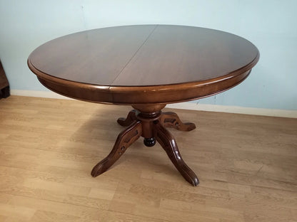 Tavolo tondo allungabile stile luigi filippo in legno con base a girello, perfetto per casa vintage anni 1970 circa