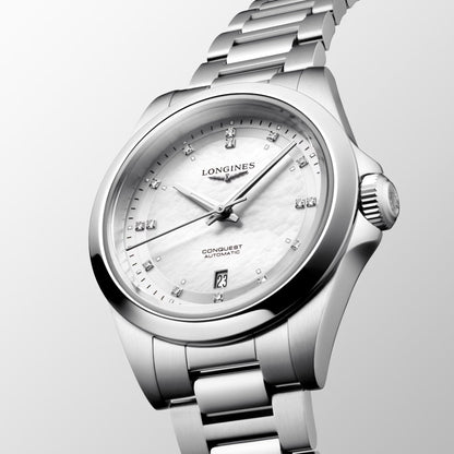 Longines Conquest 30毫米珍珠母贝钻石自动钢表 L3.320.4.87.6
