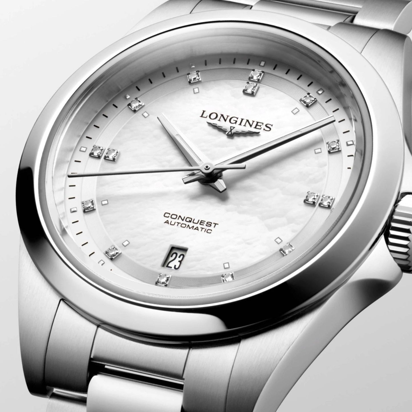 Longines Conquest 30毫米珍珠母贝钻石自动钢表 L3.320.4.87.6