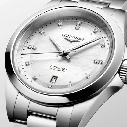 Longines Conquest 30毫米珍珠母贝钻石自动钢表 L3.320.4.87.6